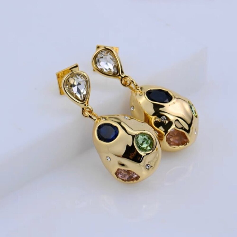 Alexis Bittar Gold Drop Earrings Multicolor Gemstone Cabochon Statement Dangle